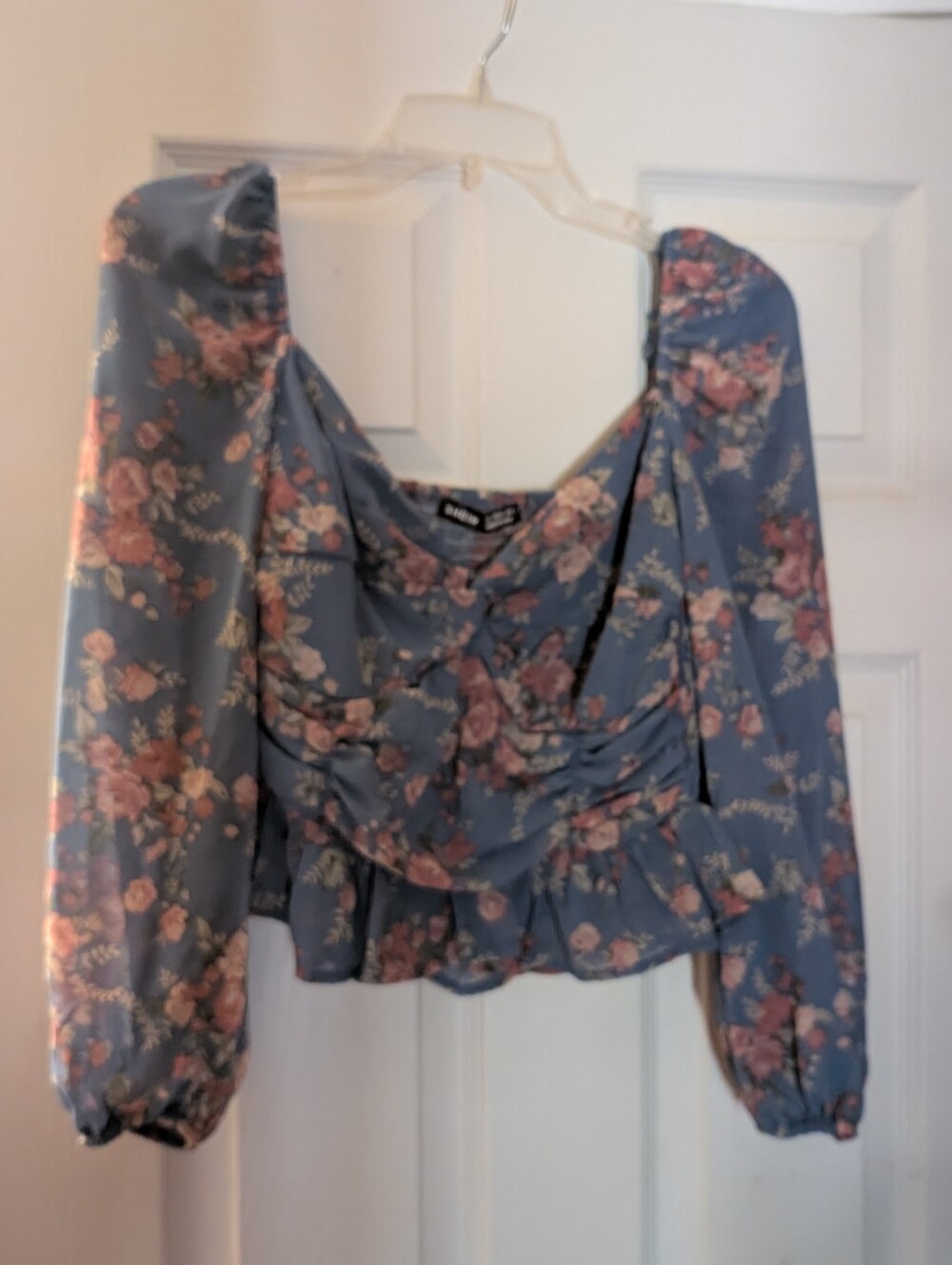 SHEIN Blue Floral Ruffle Long-Sleeve Blouse